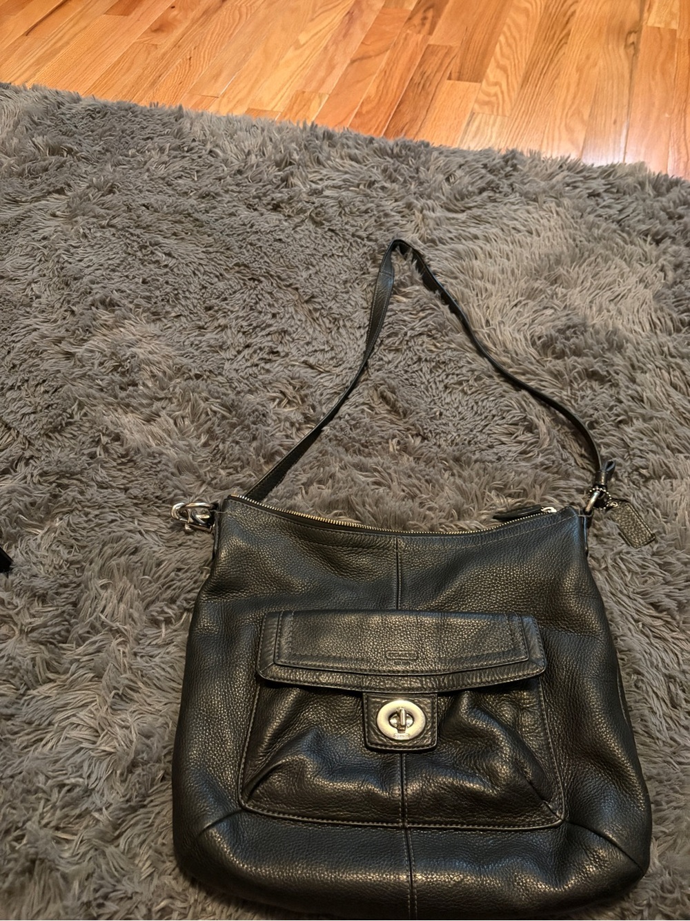 Coach Black Pebbled Leather Shoulder Bag with Turn-Lock Pocket